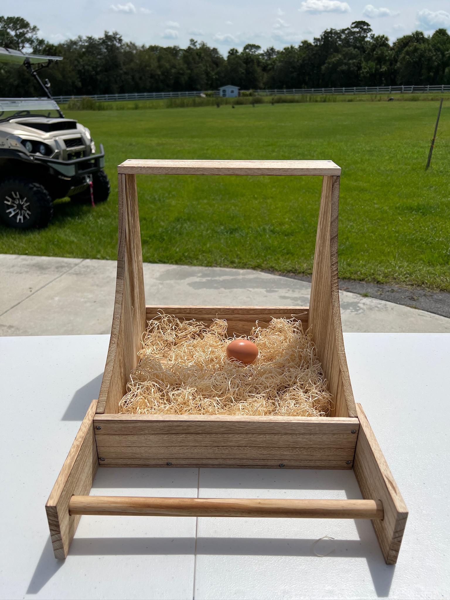 wood nesting box and supplies on a white table.