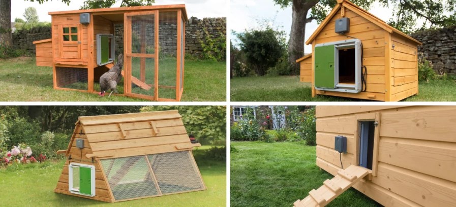4 different types of chicken coops with a green automatic coop door.
